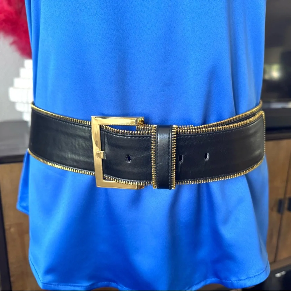 Black Wide Zipper Belt with Gold Accents
